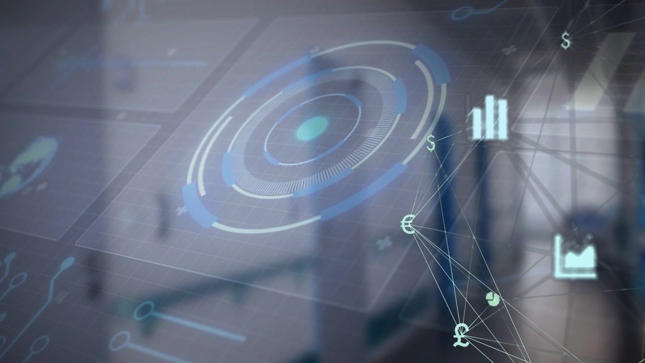 Holo HUD pulsing over blurred atrium radar pulse driving nodes and charts showing money flow