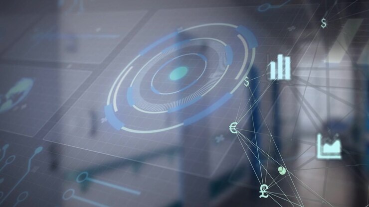 Holo HUD pulsing over blurred atrium radar pulse driving nodes and charts showing money flow