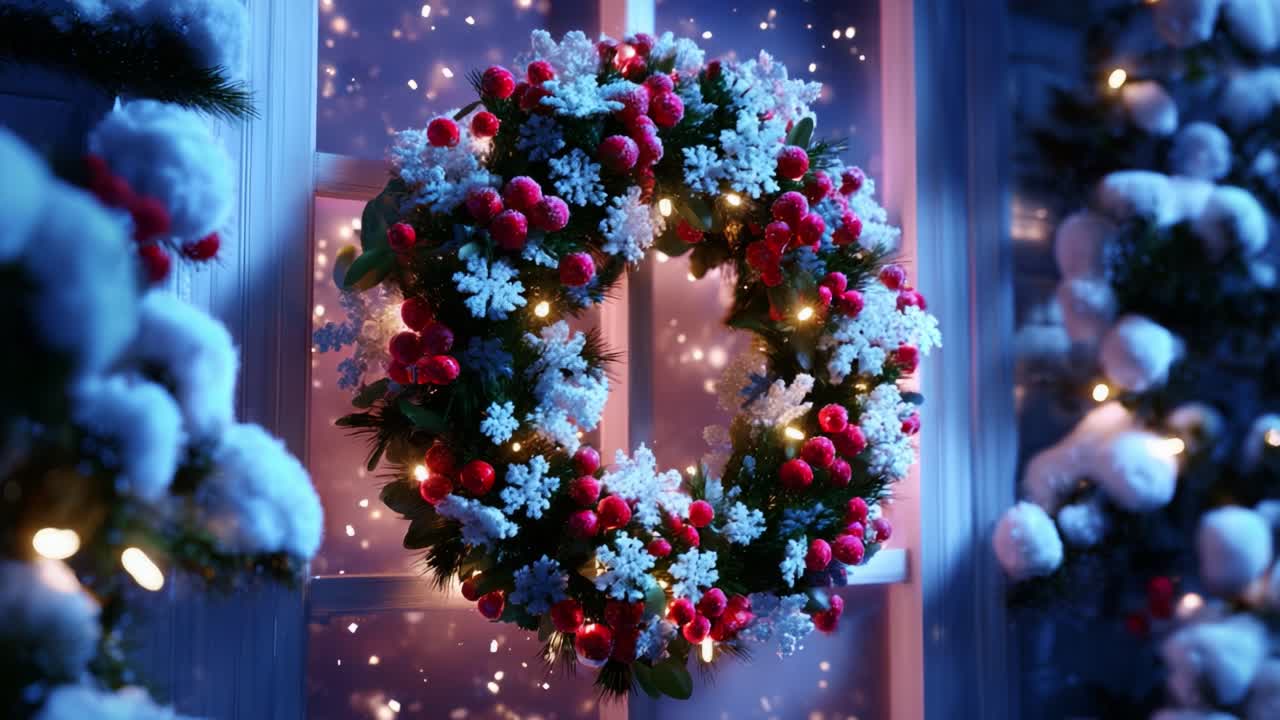 A Close-up View of a Beautifully Decorated Christmas Wreath Adorning a Window, Surrounded by Snowflakes and Soft Ambient Lights, Creating a Festive Atmosphere for the Holiday Season