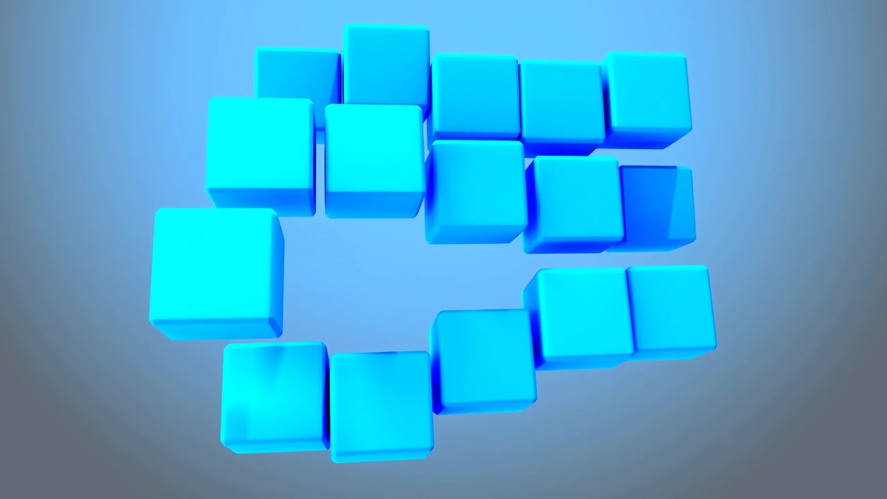 Bright blue square tiles form a centered geometric grid on a smooth gray blue gradient background, creating a clean abstract composition with soft lighting