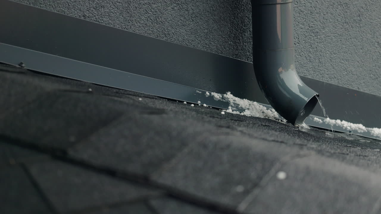 Melting Snow Draining From Roof Gutter