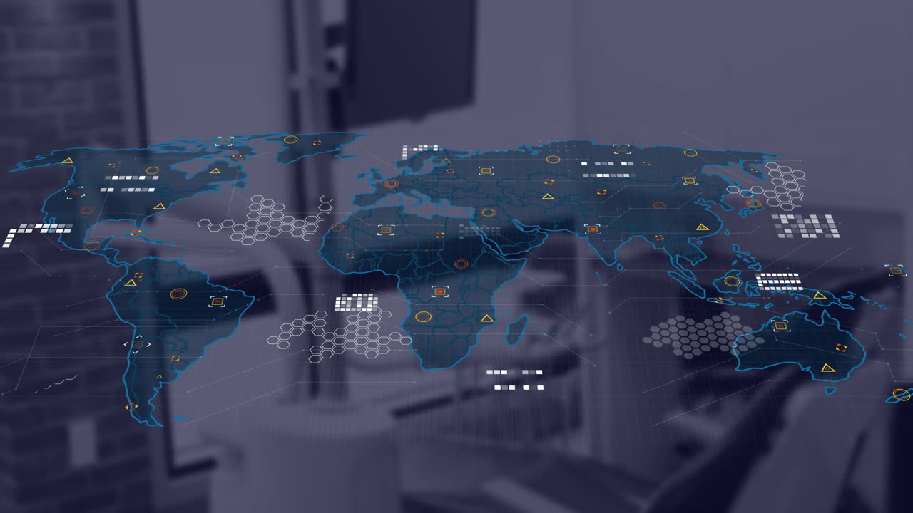 Animation of financial data processing and world map over desk in office