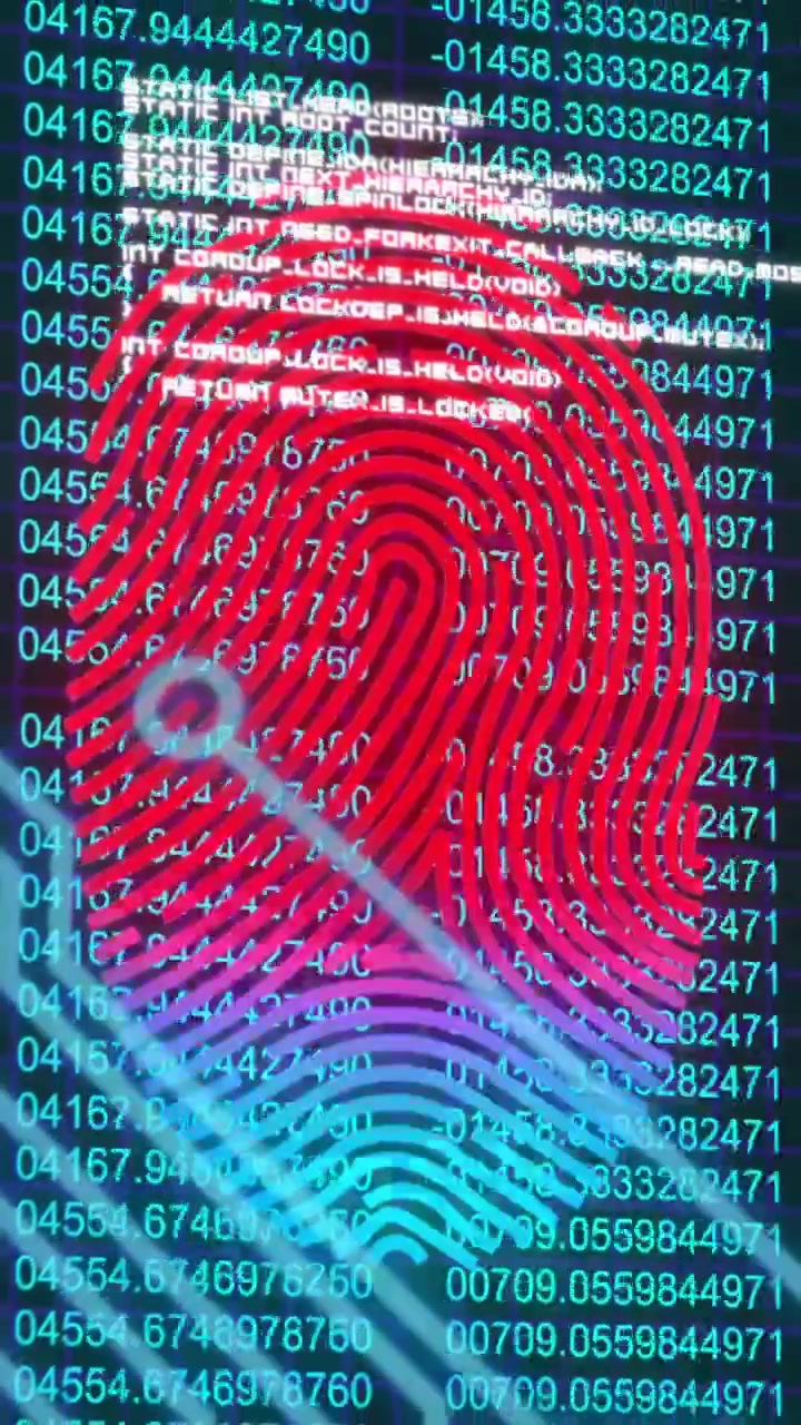 Fingerprint overlay on code background, illustrating animation of cybersecurity in school