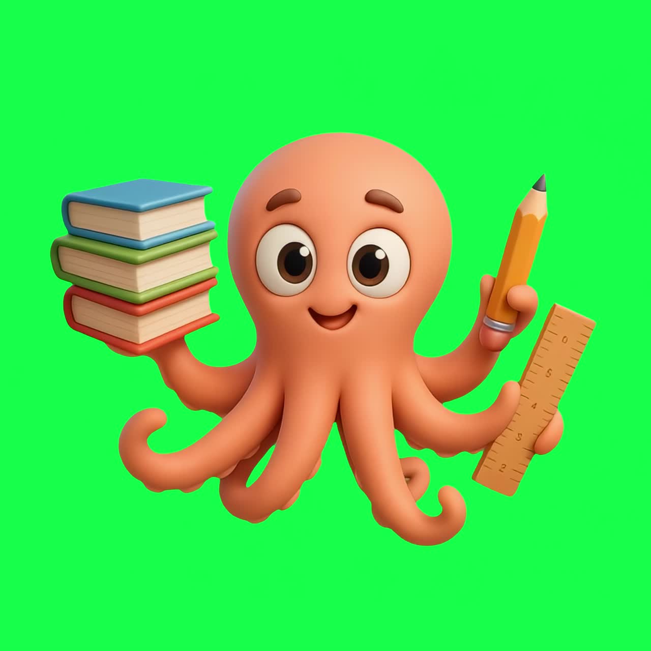 Cute octopus holding school supplies animation, transparent 4K video, green screen