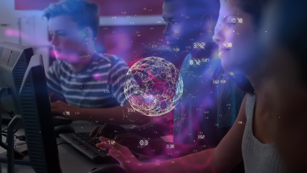 Animation of number and globe over diverse students working on computers at school