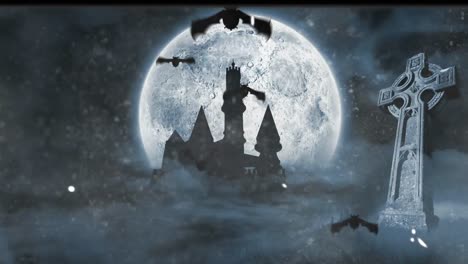 animation of bats flying over full moon over castle and cross distressed background