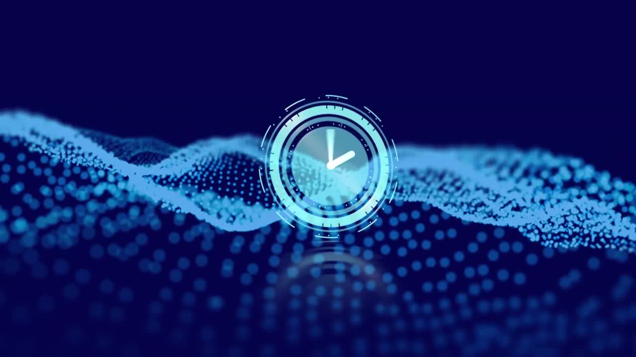 어두운 파란색 배경에 시계와 파도의 애니메이션