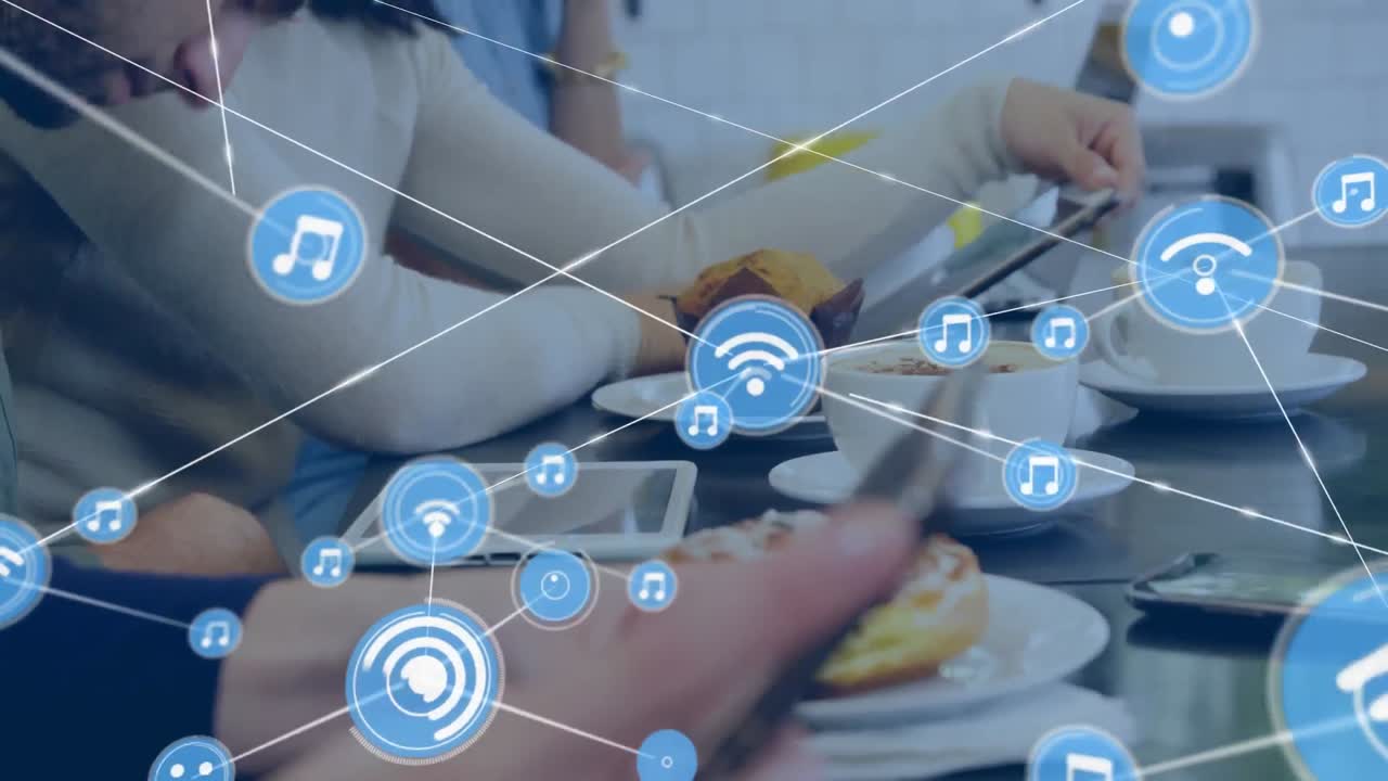 전자 장치를 사용하는 동료의 중간 부분에 대한 디지털 아이콘 네트워크의 애니메이션