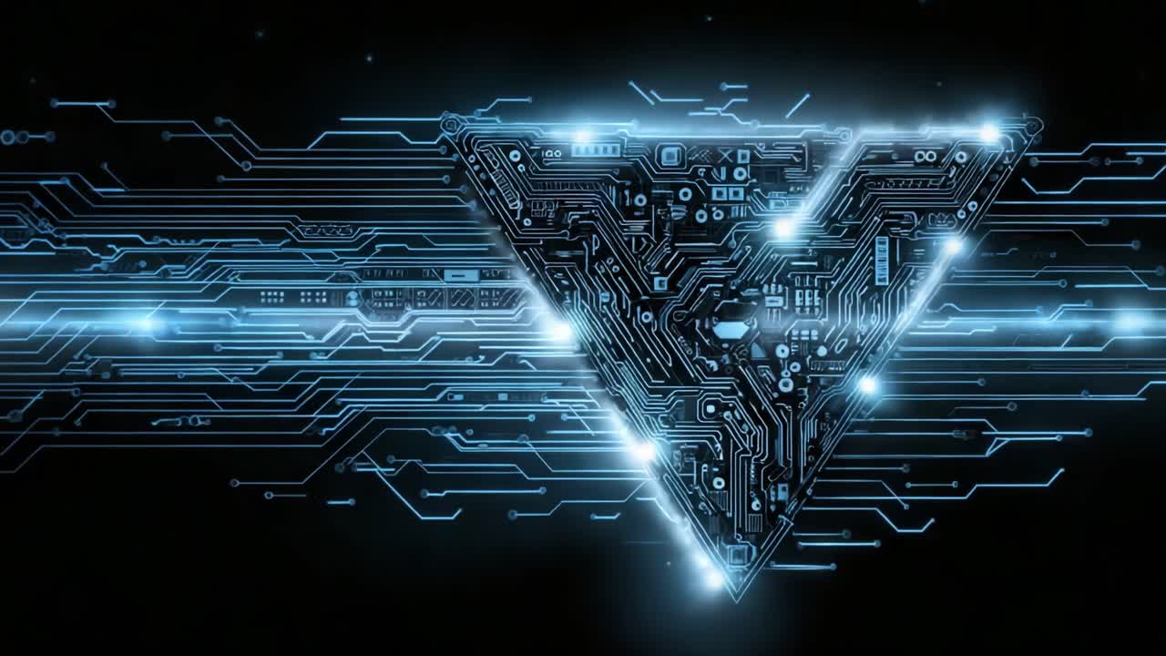 A Stunning Visual of Digital Circuitry Forming a Triangular Shape, Illuminated with Bright Blue Lights, Portraying the Future of Technology and Connectivity