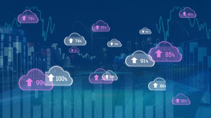 Animation of clouds with numbers over graphs and data on blue background