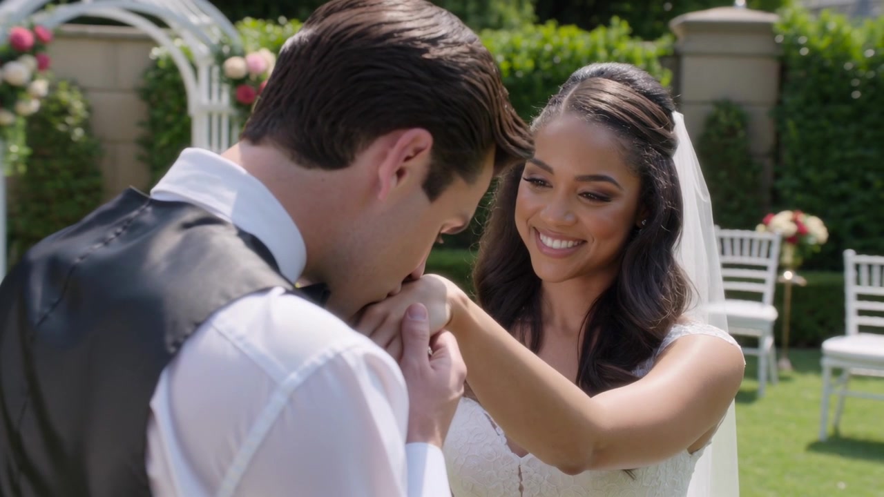 Novia extendiendo la mano, novio colocando el anillo de bodas y besando la mano en un jardín de bodas, con velo.