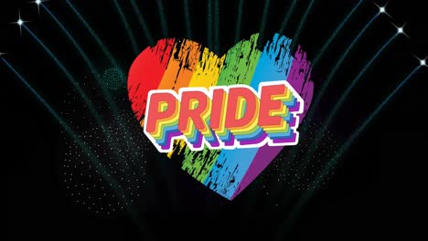 Animation-of-pride-text-and-rainbow-heart-and-fireworks-exploding-on-black-background