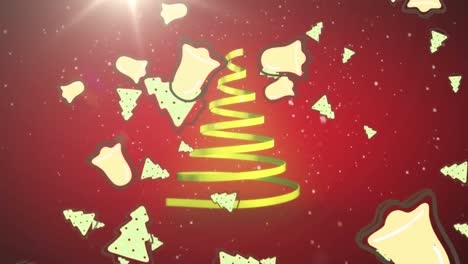 Animation-of-christmas-tree-formed-with-yellow-ribbon-and-bells-falling