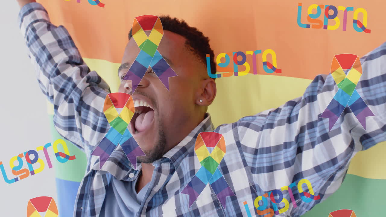festeggiare con la bandiera dell'arcobaleno, animazione lgbtq con nastri colorati e testo