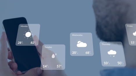 animation of weather forecast overhands of caucasian man using smartphone