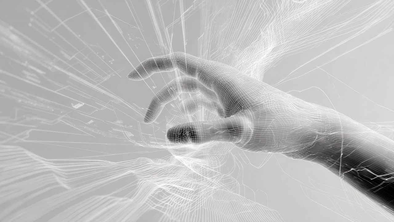 Exploring the Intersection of Technology and Creativity: A Futuristic Representation of a Hand Reaching Out in a Digital Landscape, Capturing the Essence of Innovation and Human Interaction with Data