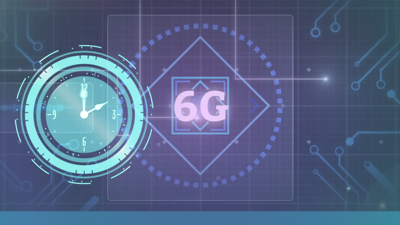 animación del reloj, texto 6g y procesamiento de datos en pantalla