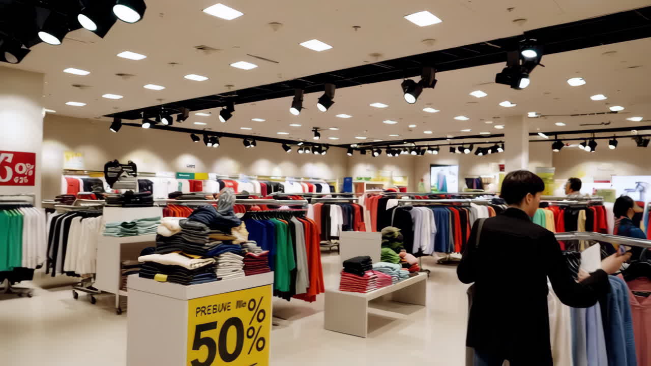 Women shopping for clothes in a bright clothing store with a 50% off sale
