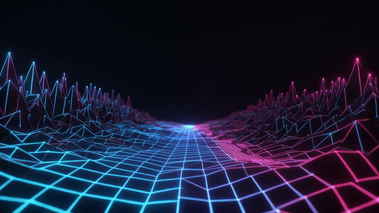 Futuristic Digital Grid Landscape with Neon Blue and Pink Lights