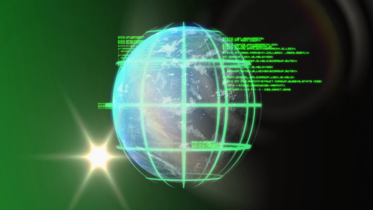 Animation of digital globe with green grid lines and data text in space