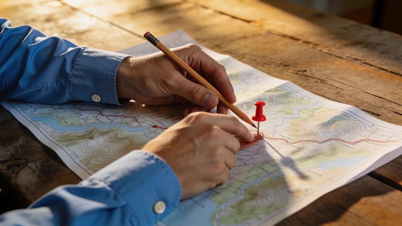 Tracing adult male hands after pushpin, marking contour map on table for route planning, blue shirt