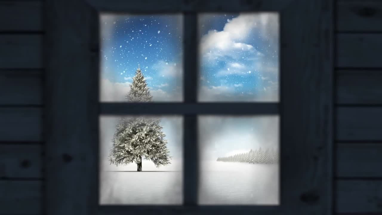Wooden window frame against snow falling over christmas tree on winter landscape