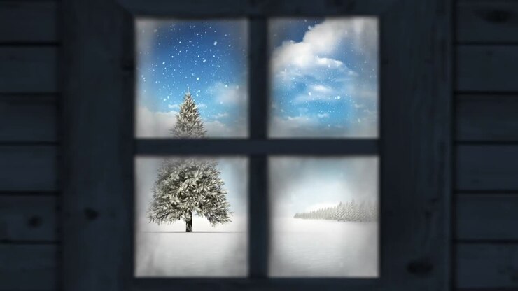Wooden window frame against snow falling over christmas tree on winter landscape