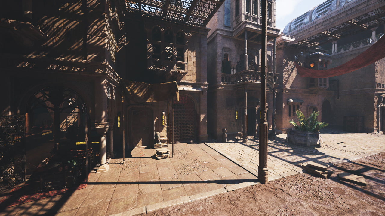 Sundrenched square filled with bustling stalls and rugged stones