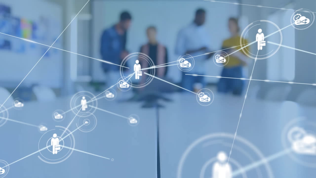 Animation of network of connections with icons over diverse colleagues ...