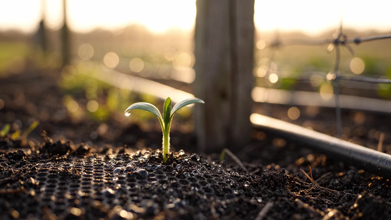 Una piantina vibrante emerge dal terreno, immersa nella luce dorata, a simboleggiare crescita e rinnovamento in un lussureggiante paesaggio agricolo al mattino presto