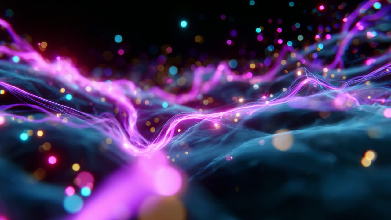 A captivating visualization of colorful light waves and shimmering particles flowing through a dark space, illustrating the beauty of abstract digital art with a mesmerizing glow and fluid motion