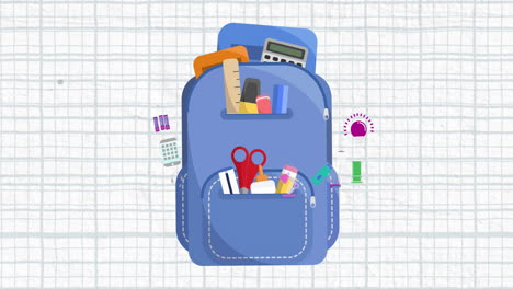 animation of back pack over school items icons