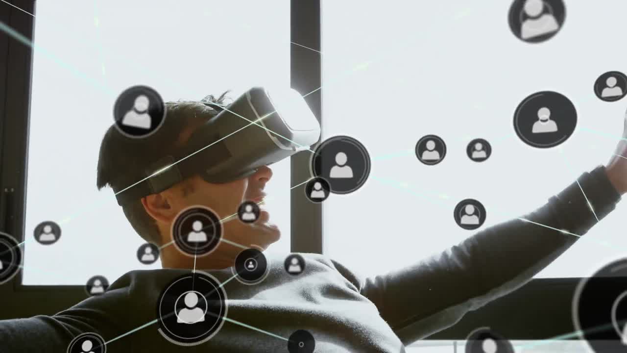 연결 네트워크의 애니메이션과 휴대폰 vr 헤드 ⁇ 을 착용하는 사업가