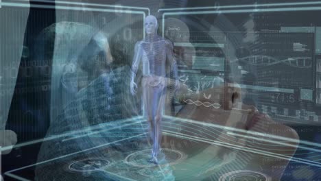 animación del procesamiento de datos médicos sobre una mujer caucásica durante una cirugía de belleza