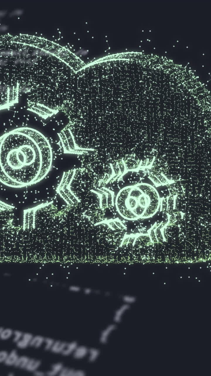 Animation of cloud with cogs over data processing on black background