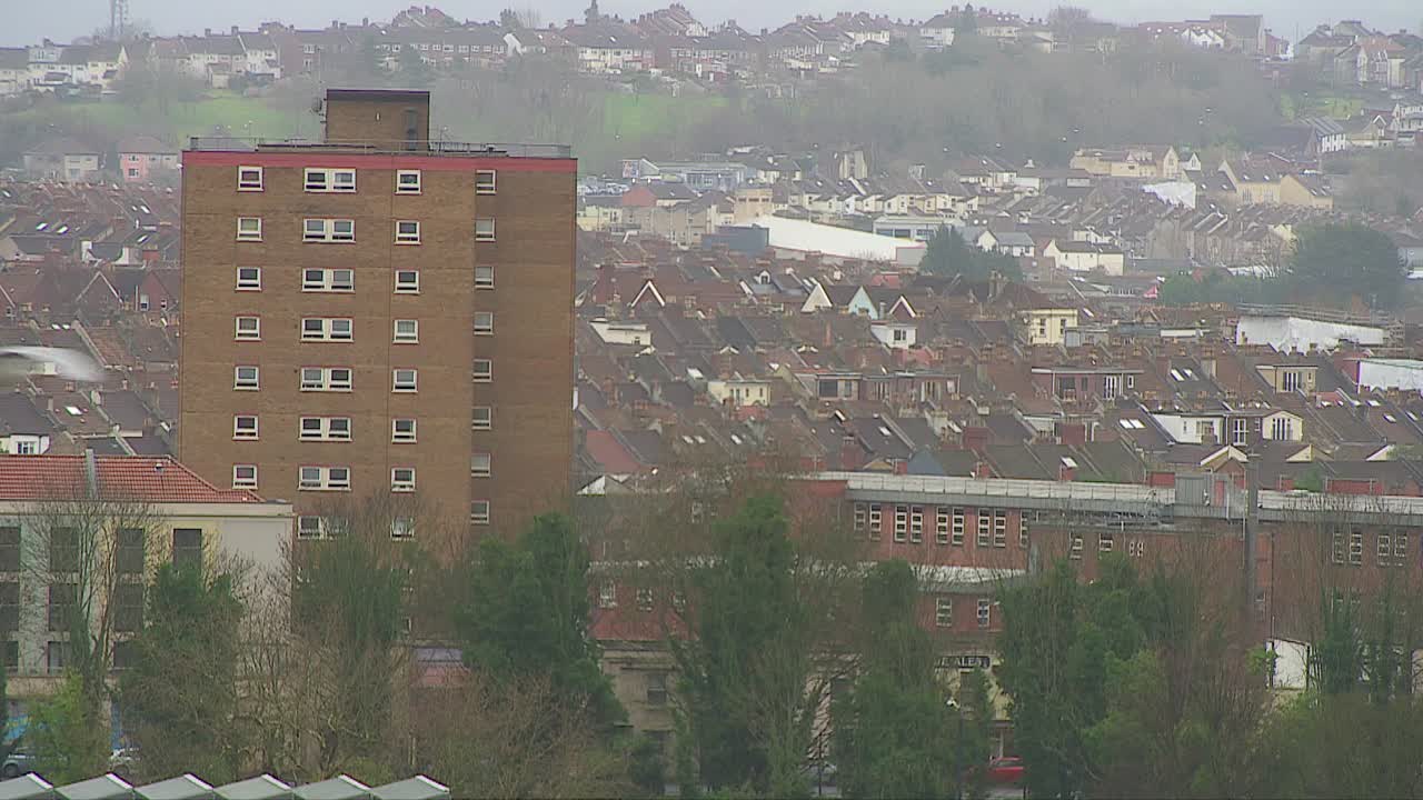 Views looking down over Bristol City Centre and the River Avon from the hillside