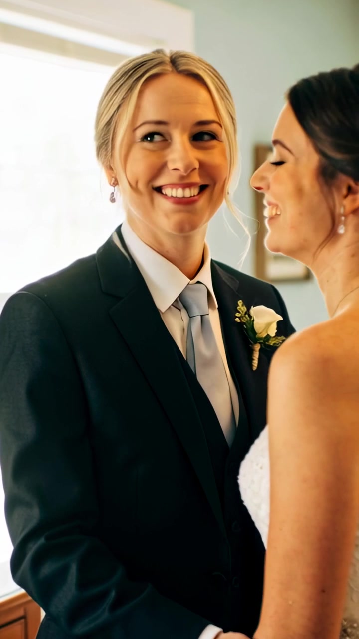 Video verticale: Partner in abito che sistema la spallina del vestito in camera da letto prima del matrimonio, boutonnière.