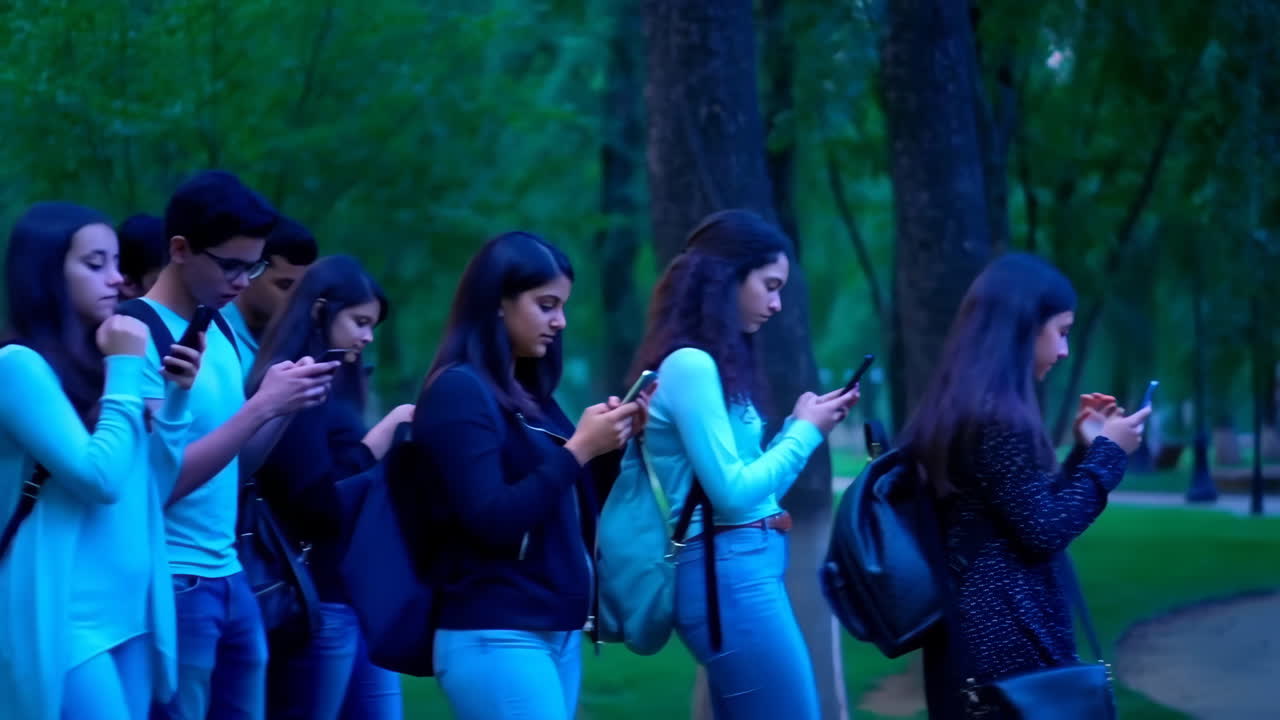Group of young people walking outdoors, engrossed in their smartphones