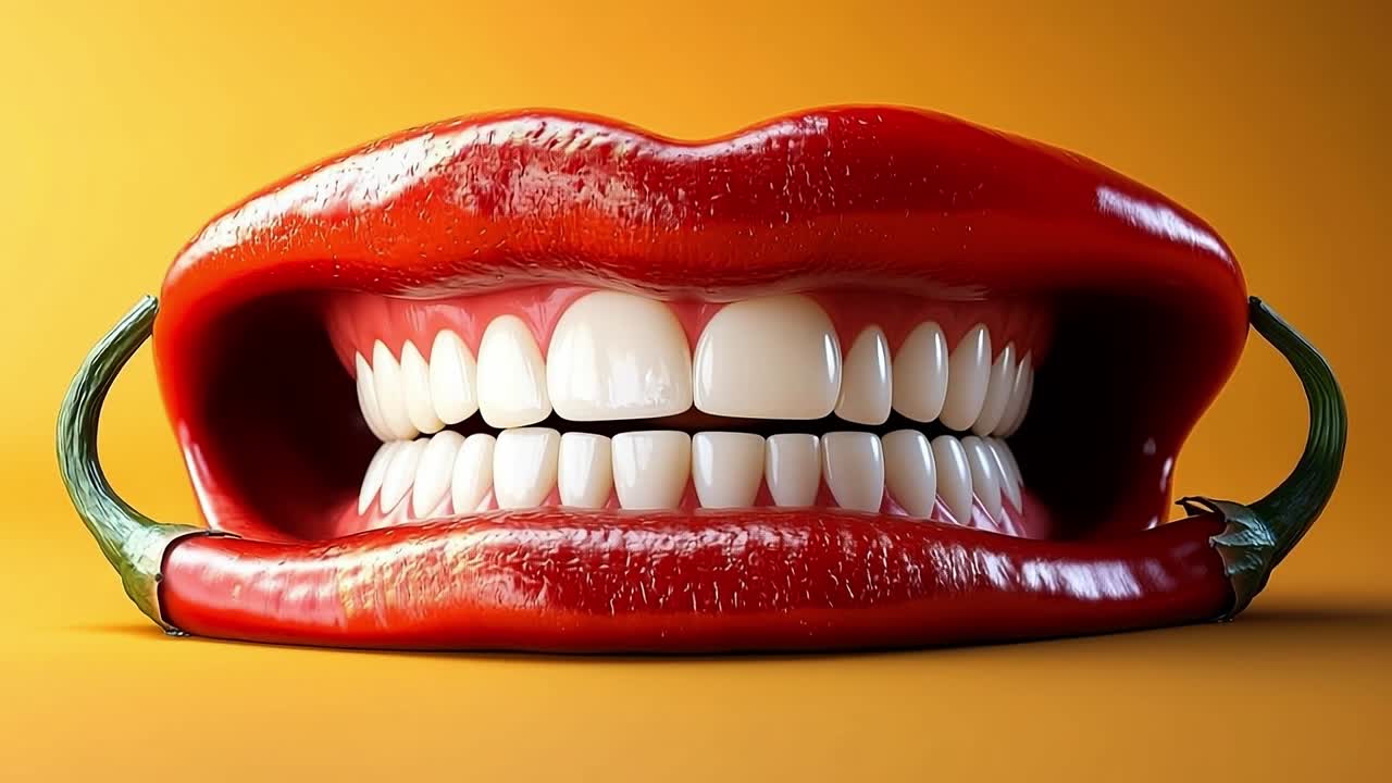 Red chili pepper with a grin. A large red chili pepper forms a mouth displaying bright white teeth against a vibrant yellow background.