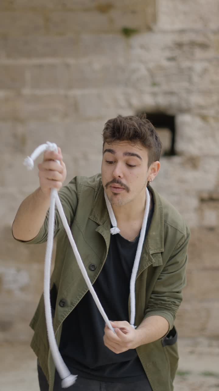 Man Performing a Rope Magic Trick