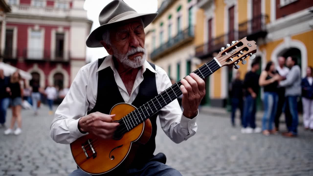 Street Musician Playing Guitar in a City Street