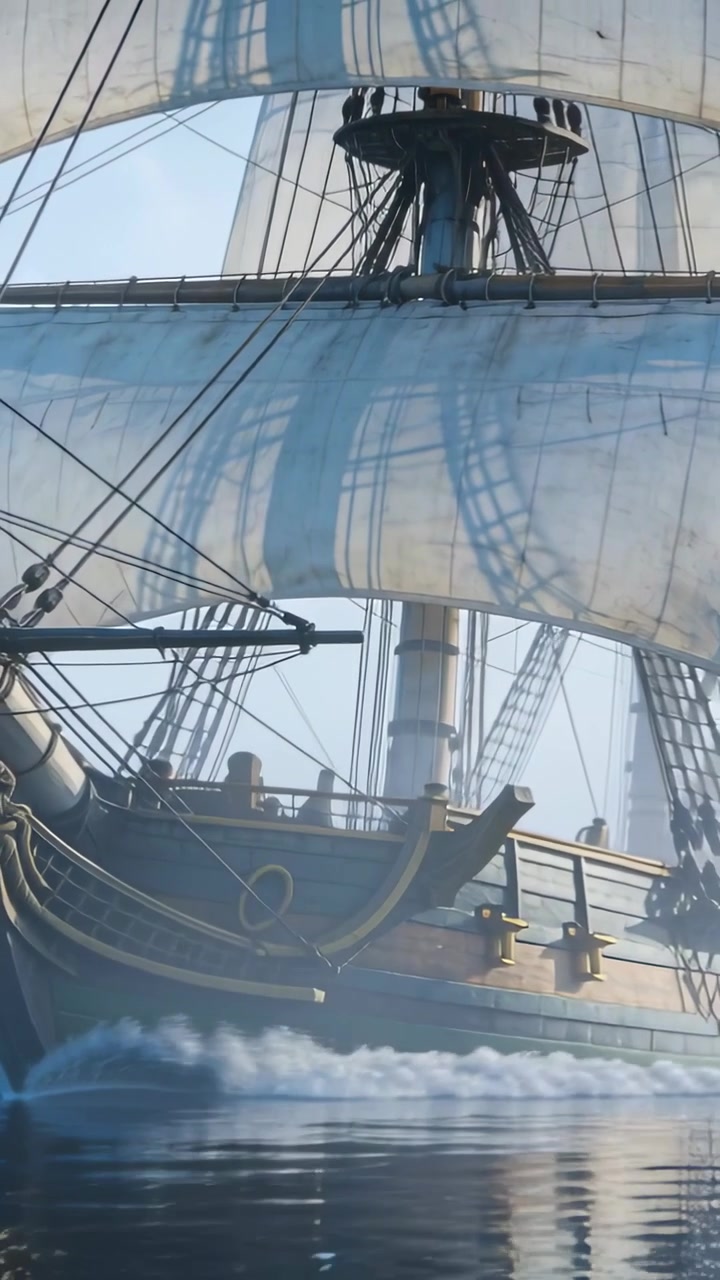 Video verticale: Brezza che gonfia le vele spingendo una nave a vela in avanti sul mare, l'equipaggio in cappotti che si occupa delle vele.