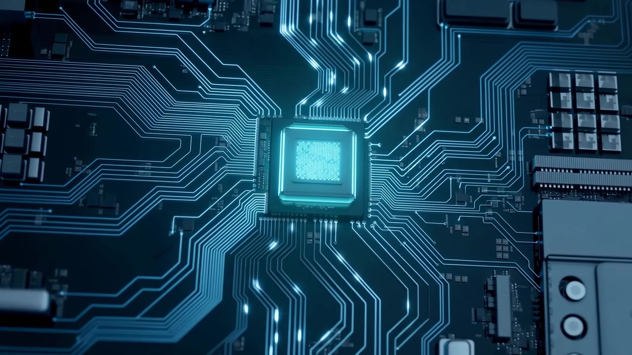Glødende mikrochip på printplade, futuristisk blåt lys, pulserende spor, nærbillede af bundkort