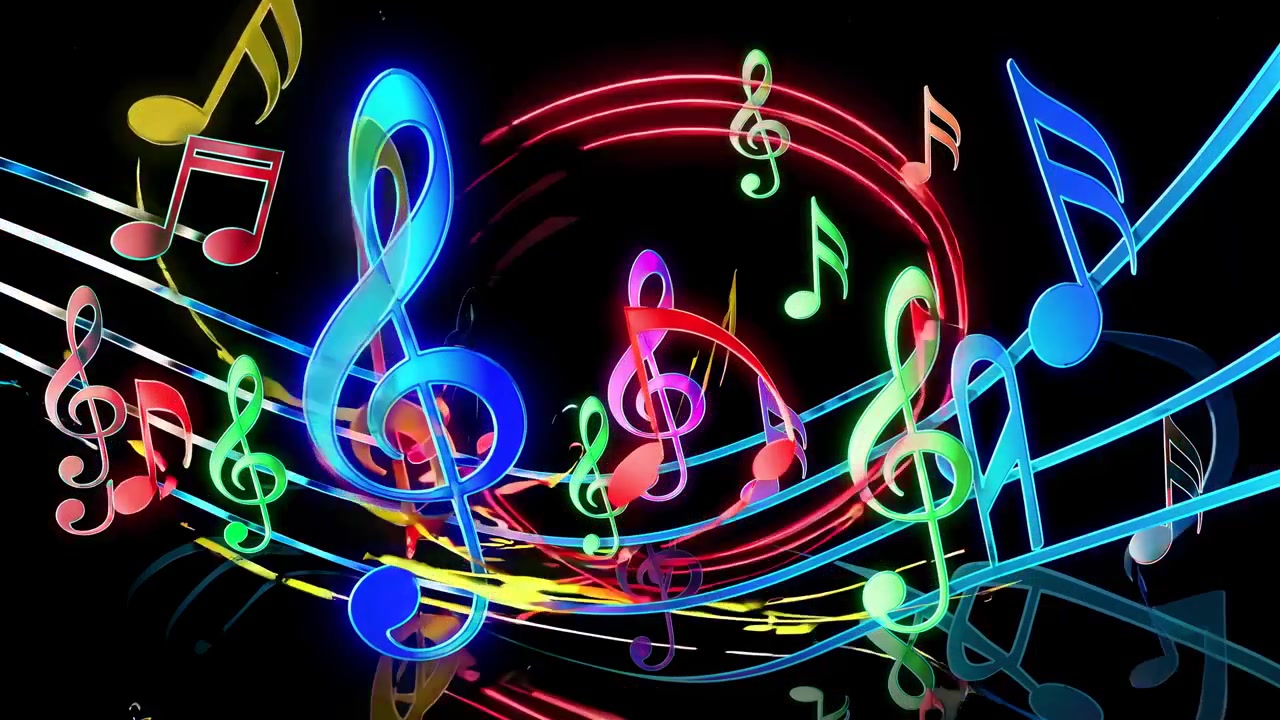 Colorful Glowing Musical Notes Floating on Black Background