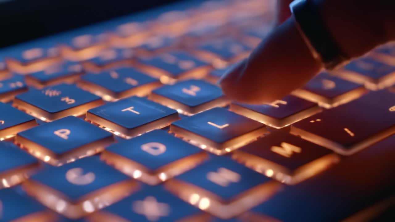 A close-up of a hand pressing keys on a backlit keyboard showcases the beauty of technology at night. The vibrant illumination enhances the typing experience in dim lighting.