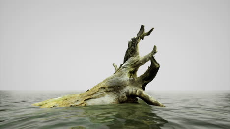 driftwood rising from calm water on a foggy morning