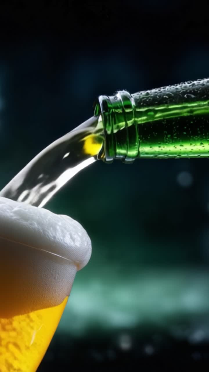 Birra rinfrescante versata in un bicchiere, che mostra schiuma frizzante e liquido ambrato su uno sfondo scuro, evidenziando la consistenza e la freschezza della bevanda