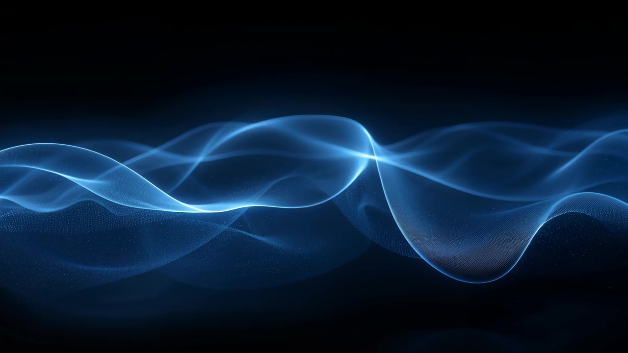 Fotogrammi che avanzano mostrando nastri blu luminosi che si muovono su un vuoto nero, formando nodi illuminati e scintille.