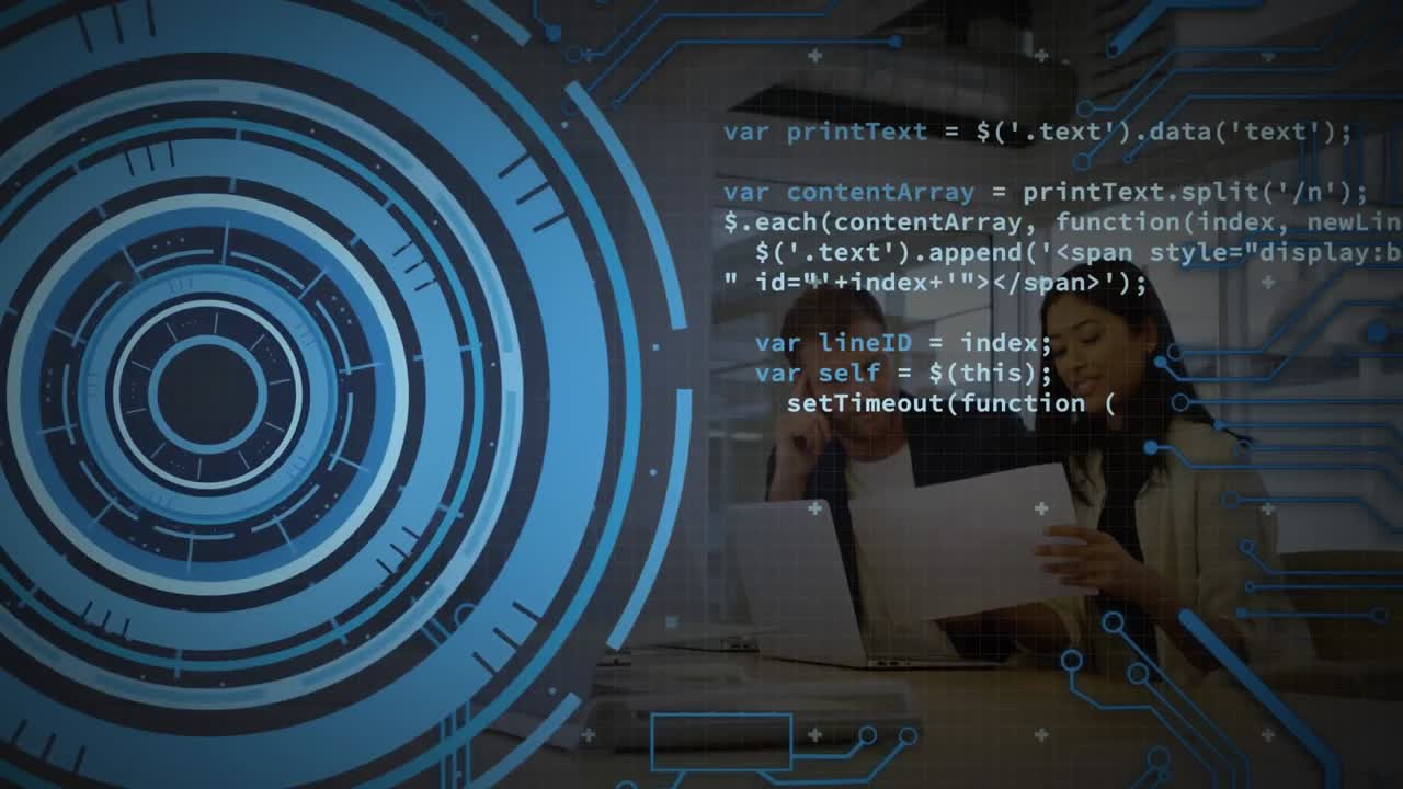 Animation of loading circles and computer language over diverse coworkers discussing reports