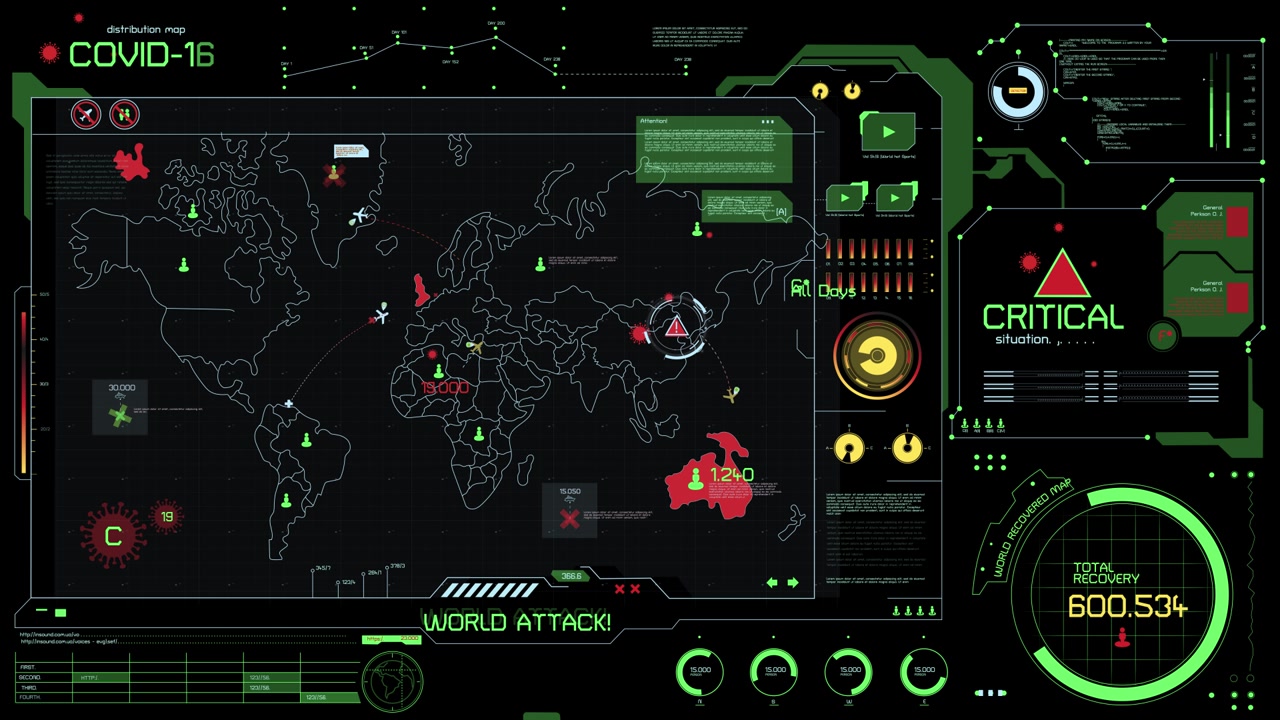 Futuristic HUD Displaying Global COVID-19 Distribution Map and Critical Situation